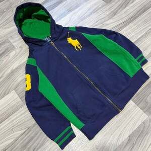 Vintage Polo Ralph Lauren Big Pony Zip-Up Hoodie, Youth Medium, Navy/Green